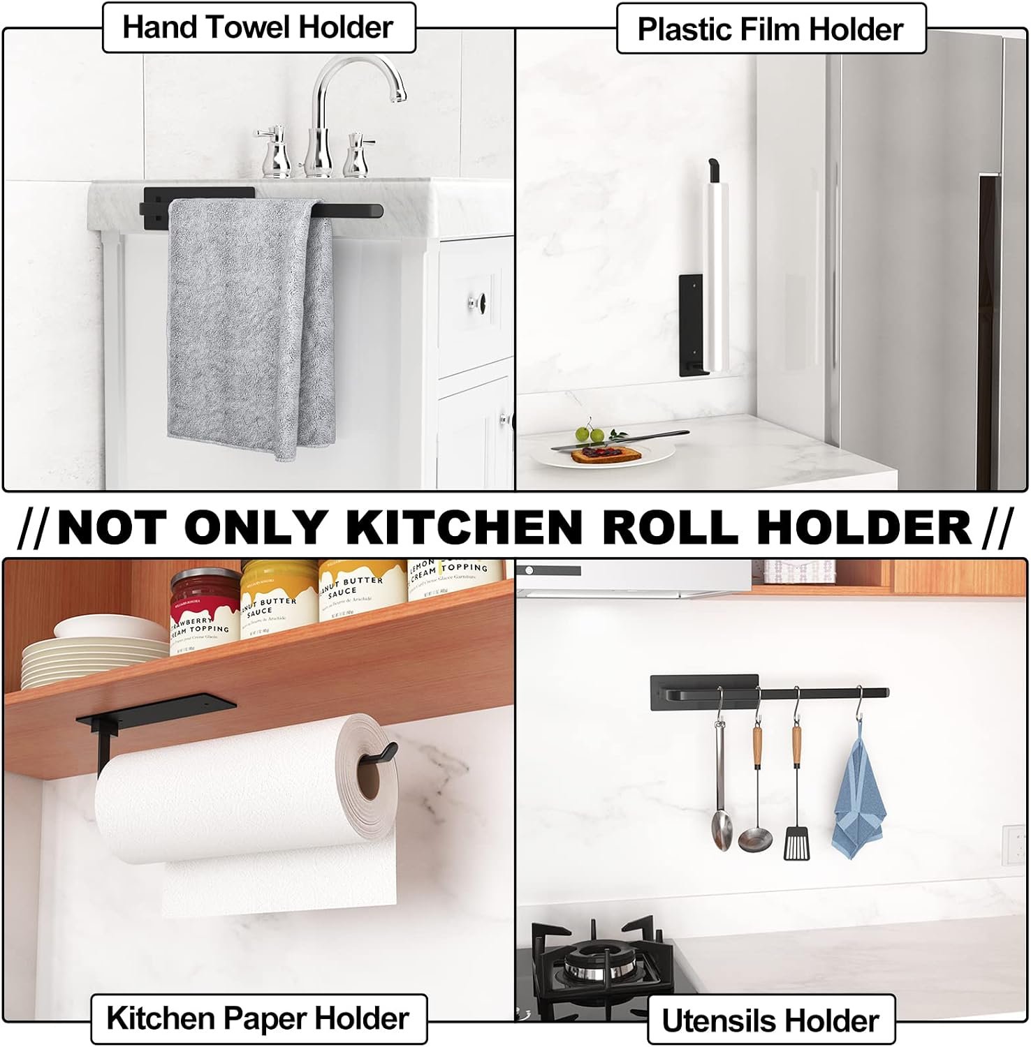 Schwarz KüChenrollenhalter Ohne Bohren Kuchenroller Halter，Selbstklebend Praktisch Rollenhalter Unter Schrank FüR KüChe Aufbewahrung & Organisation KüChenrollenhalter Wand