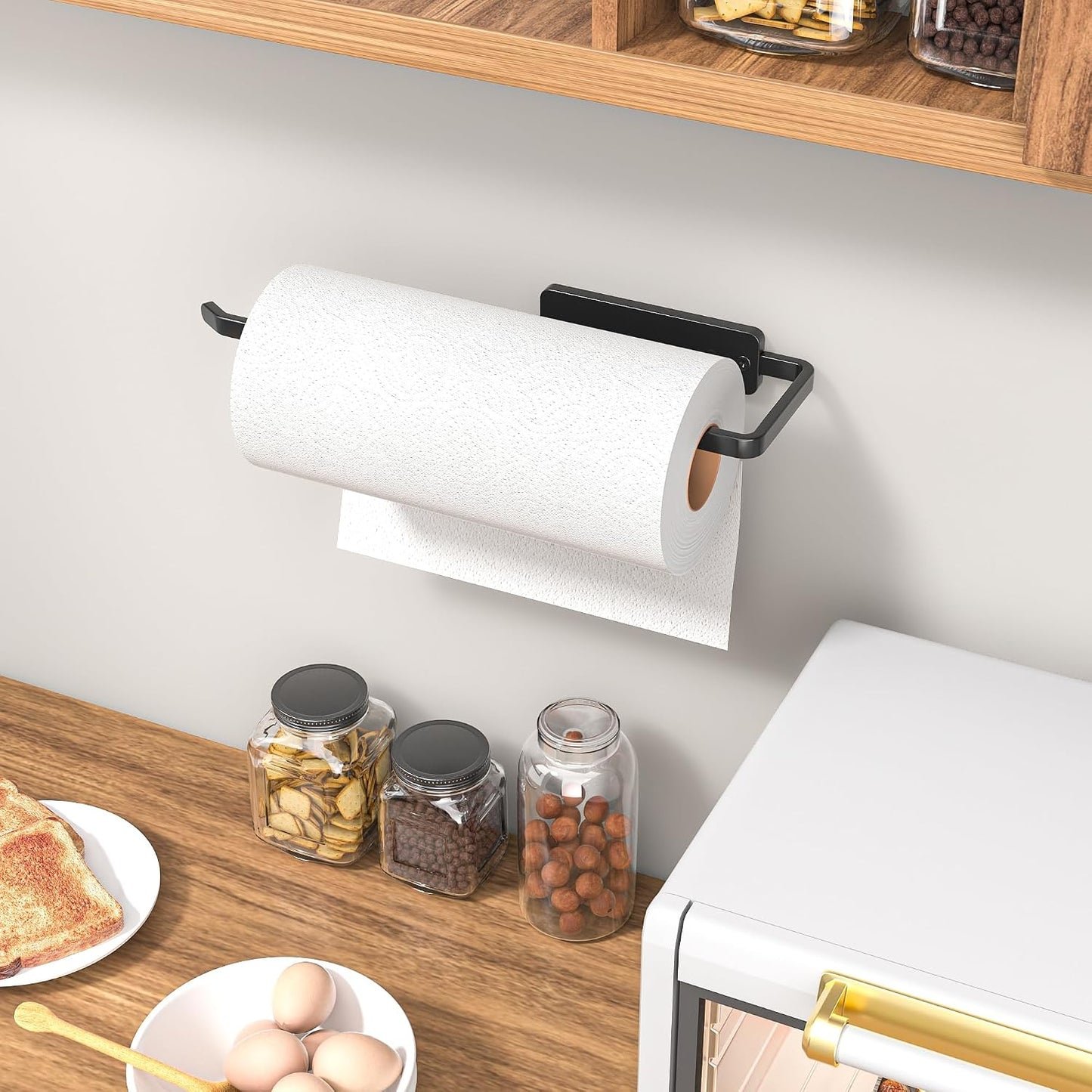 Niffgaff Küchenrollenhalter Ohne Bohren - Küchen Organizer für Küchenrolle, 31 cm Küchenrollenhalter, Selbstklebend, Aluminium, Schwarz